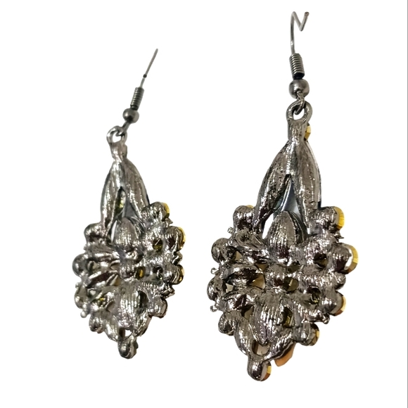 Hollywood Regency Yellow Simulated Diamonds Pierced Earrings Chandelier Dangle - Picture 8 of 11